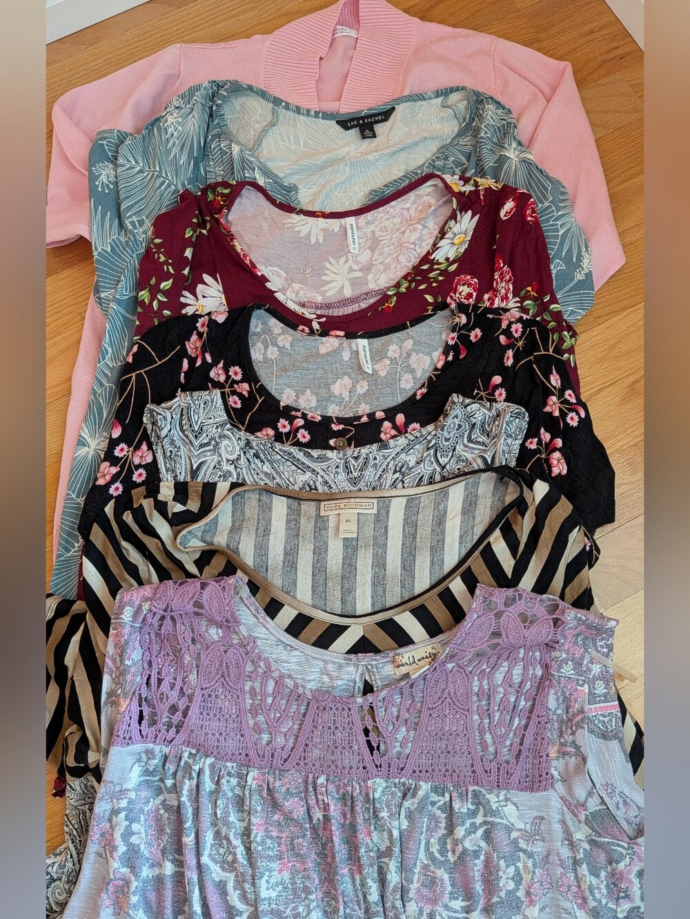 Lot Of 7 Mixed Women's Tops - Pink, Mauve, Black, Burgundy & Blue Patterns L